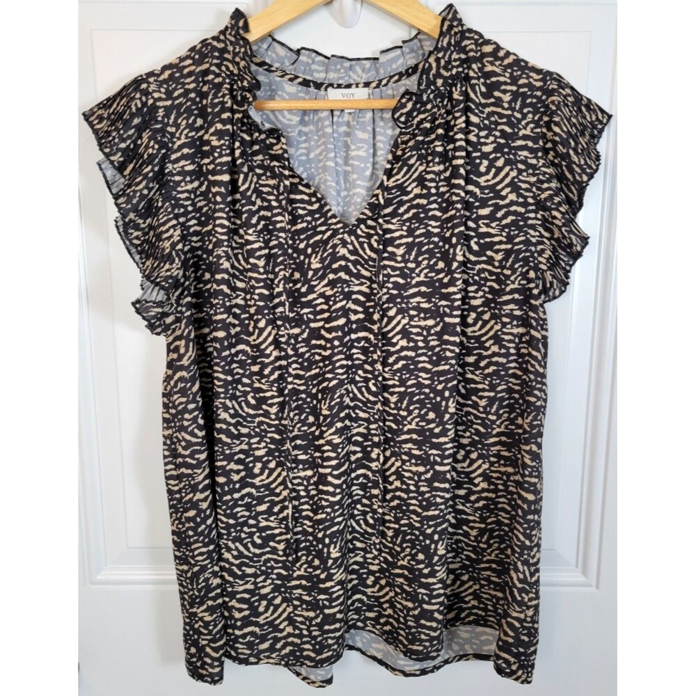 VOY Abstract Print Flutter Short Sleeve Top Size XL